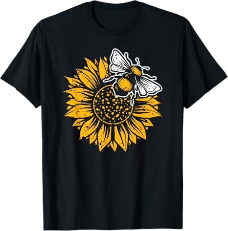 Black t-shirt with a yellow sunflower and bee design on a white background