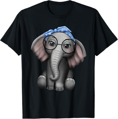 Black t-shirt with a cartoon elephant wearing glasses and a headband on a white background