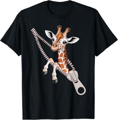 Black t-shirt with a zipper design of a giraffe and skeleton on a white background