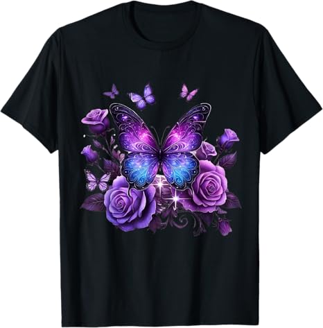 Black t-shirt with a purple butterfly and rose design on a white background