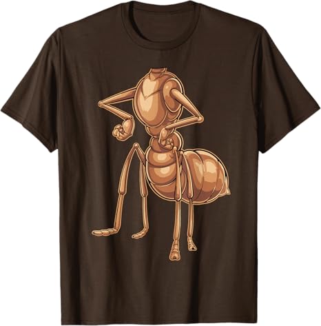 Brown t-shirt with a cartoon ant design on a white background