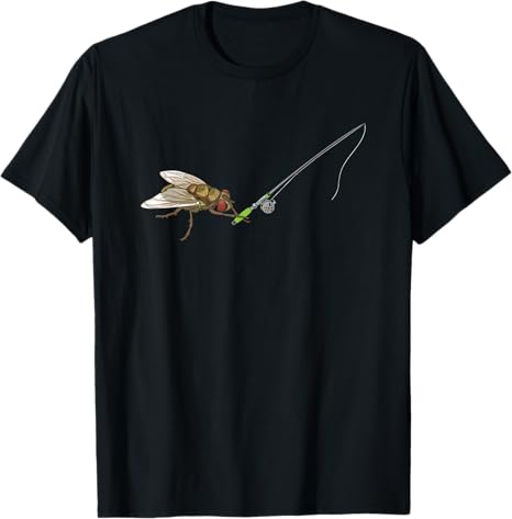 Black t-shirt with a fly fishing lure design on a white background