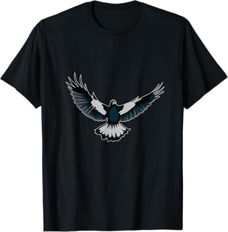 Black t-shirt with a bird design on a white background