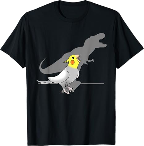 Black t-shirt with a graphic of a parrot and its shadow shaped like a dinosaur on a white background.