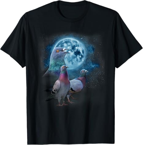 Black t-shirt with a graphic of pigeons and a moon in space design.