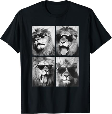 Black t-shirt with four images of a lion wearing sunglasses on a white background